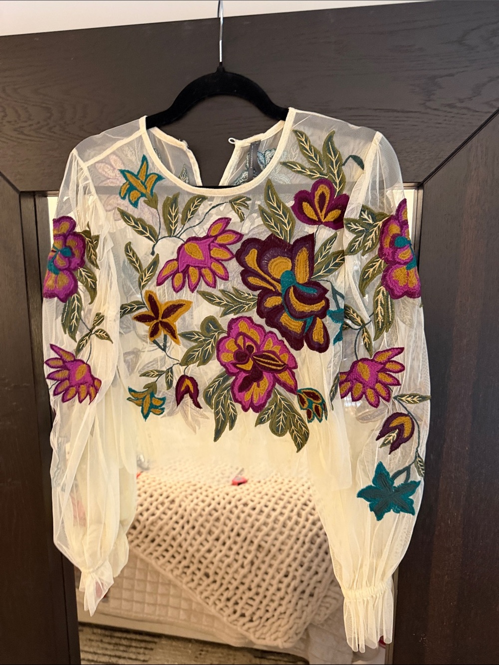 Anthropologie Ivory Sheer Blouse with Multicolor Floral Embroidery